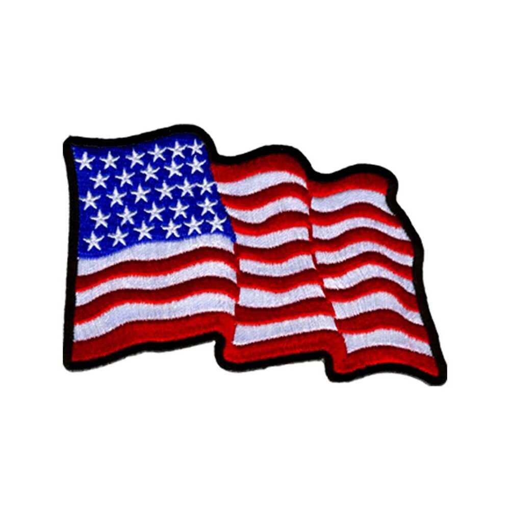 Wavy U.S. Flag Patch - Patriotic Iron-On/Sew-On Embroidered Rayon Patch, 4" x 3"